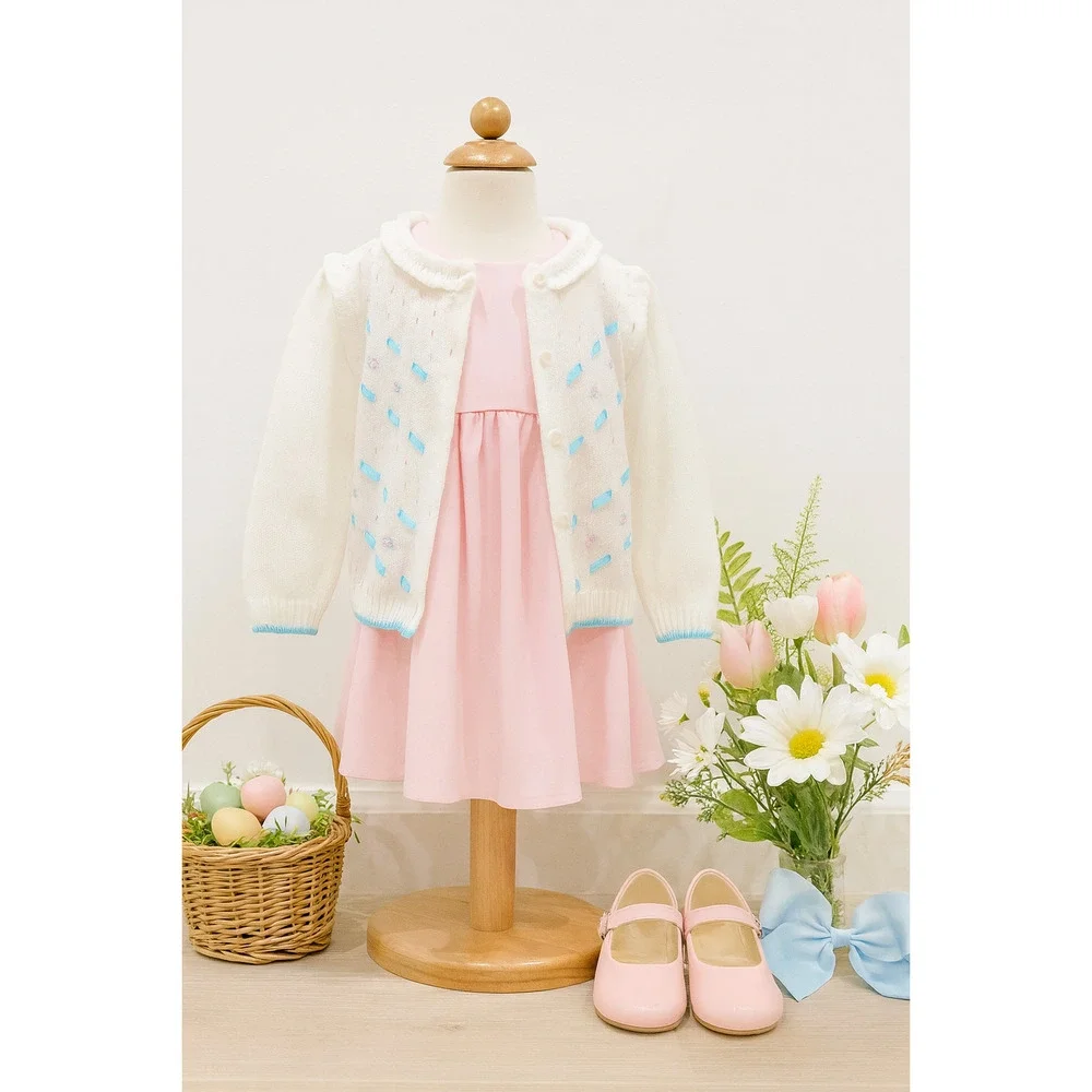 Vintage 1950s Baby Girl Cardigan Sweater | White Knit w/ Rosettes | Size 2T